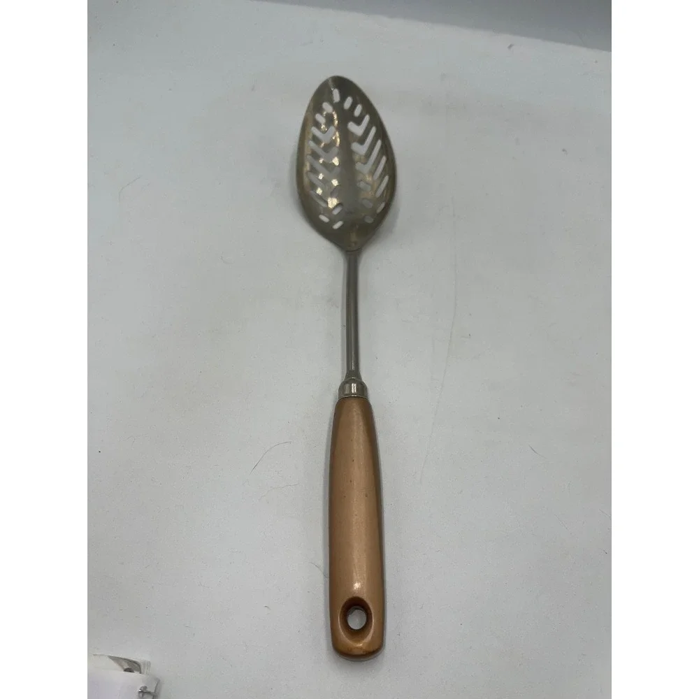 Vintage Slotted Serving Spoon USA Tan Gold Handle Stainless Steel Leaf Pattern